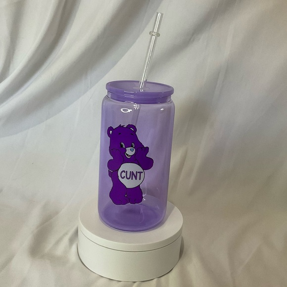 Other - 16 Ounce Handmade Purple Glass Can Cup w/Lid & Straw, Swearbear